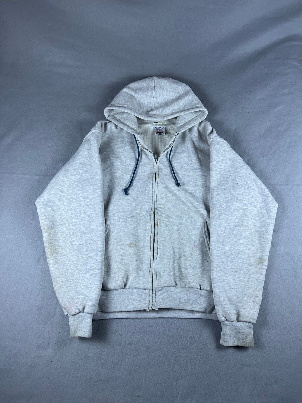 Vintage Pluma Hoodie Mens XL Gray Full Zip Drawstring Thermal Lined Sweatshirt